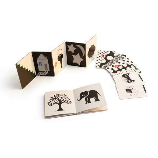 Journey Box Stage 1 – black and white sensory book, flashcards and tummy time board for newborns 0-3 months