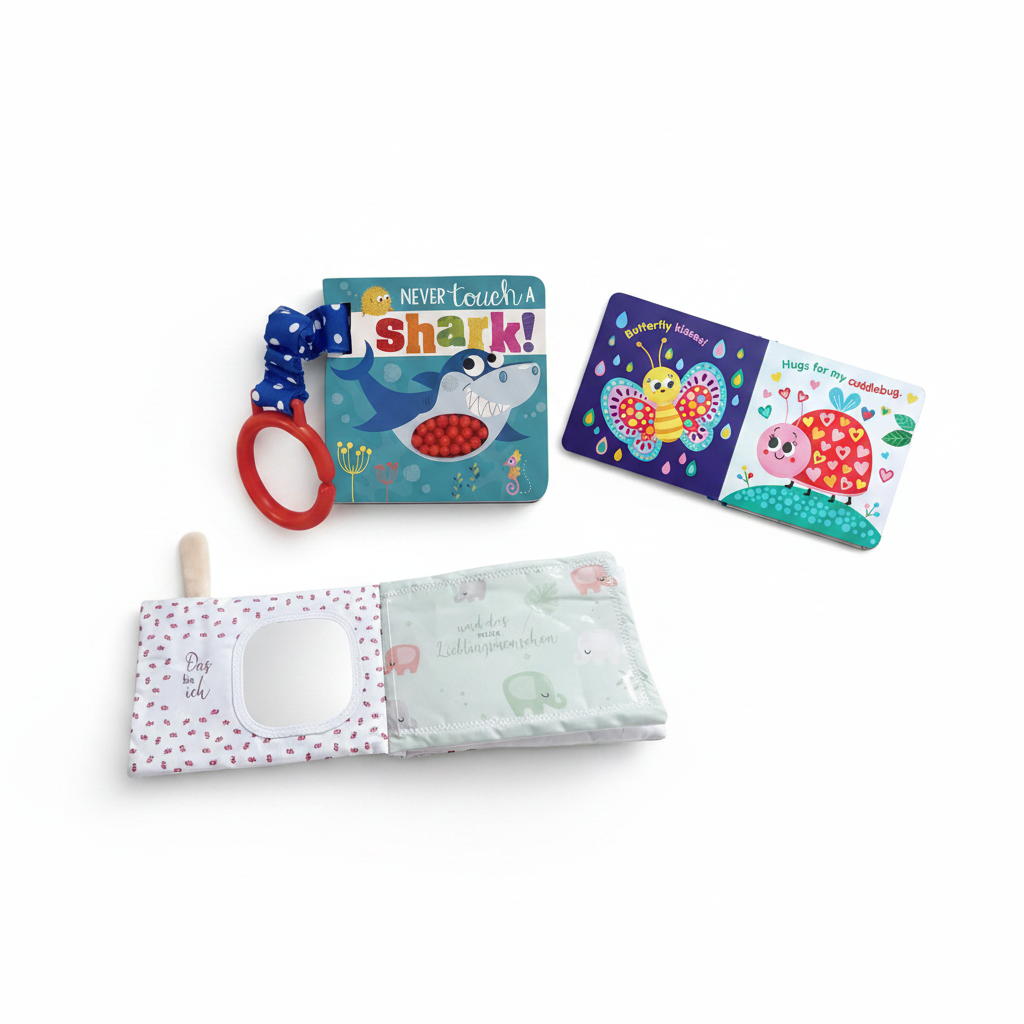 Journey Box Stage 2 – Exploring the World, featuring Never Touch a Shark teether book, Butterfly Kisses board book and soft cloth mirror book for babies 3-6 months