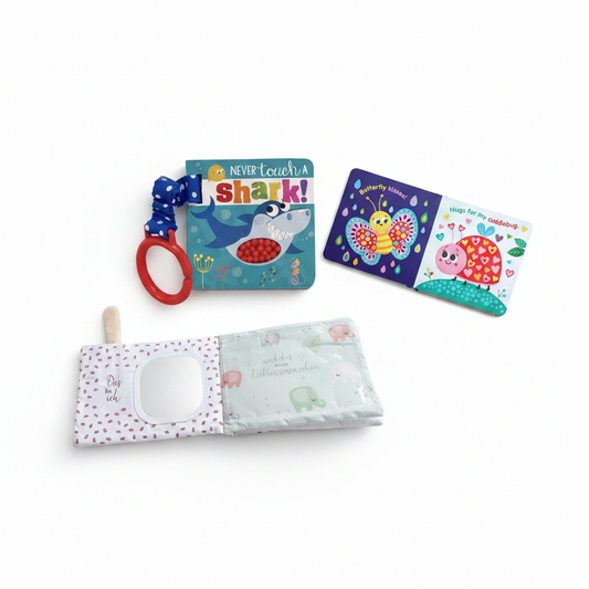 Journey Box Stage 2 – Exploring the World, featuring Never Touch a Shark teether book, Butterfly Kisses board book and soft cloth mirror book for babies 3-6 months